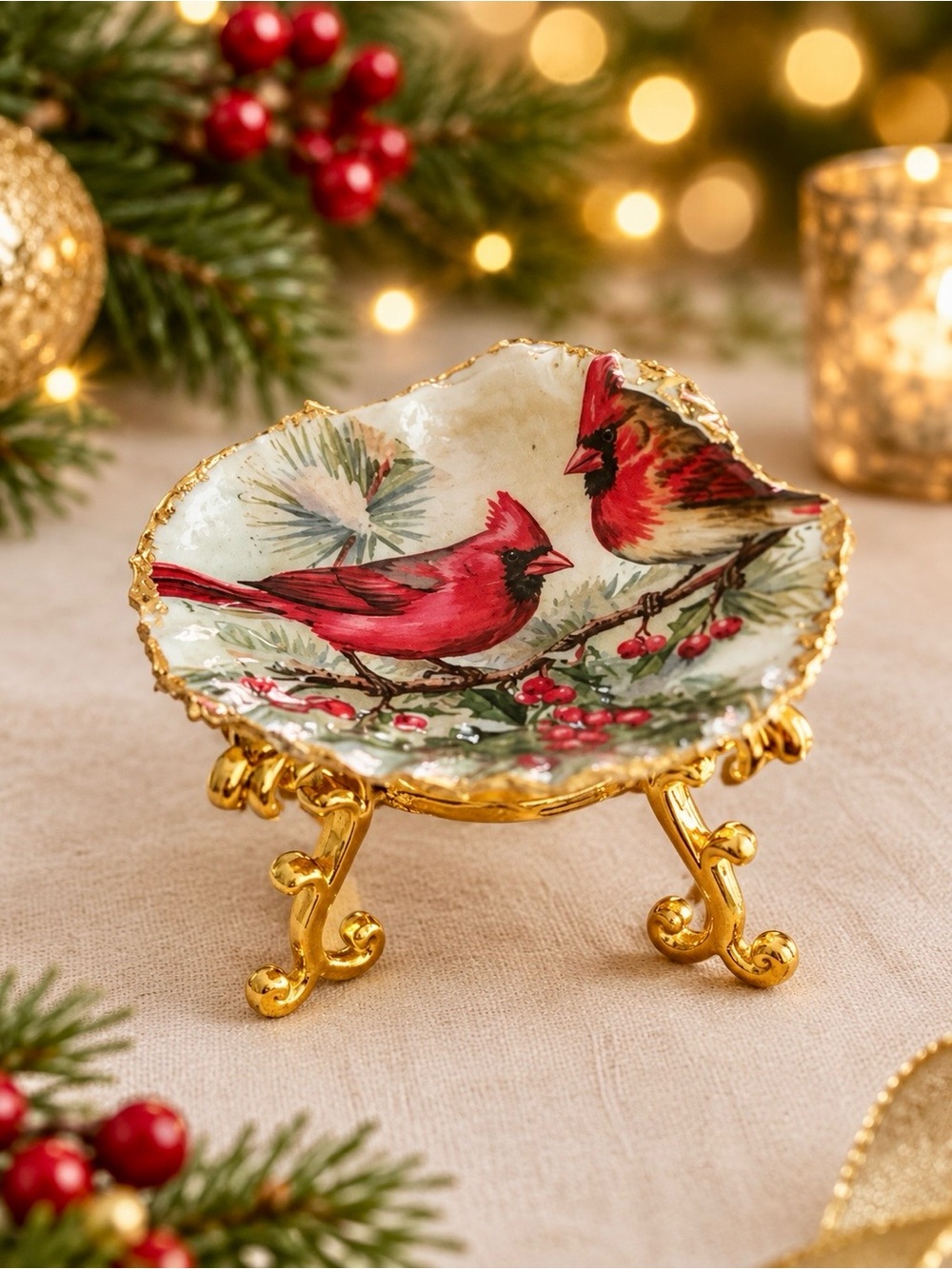 Holiday Cardinal Decorative shell trinket dish with Gold foil guild - Red